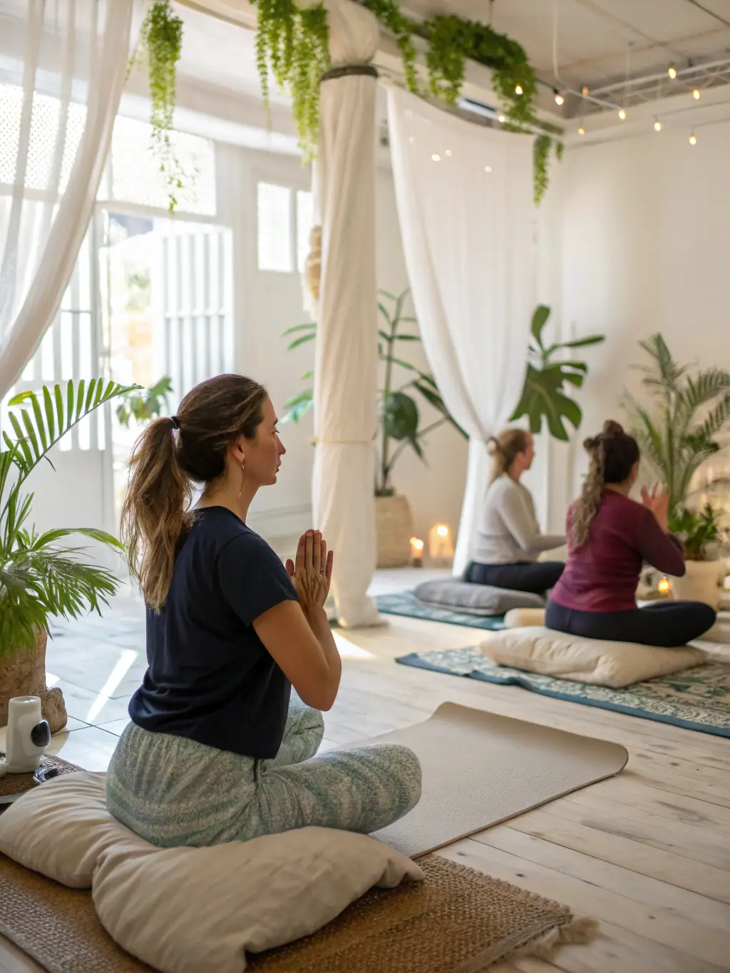 A focused image of adults practicing yoga poses in a serene studio setting, emphasizing flexibility and mindfulness.