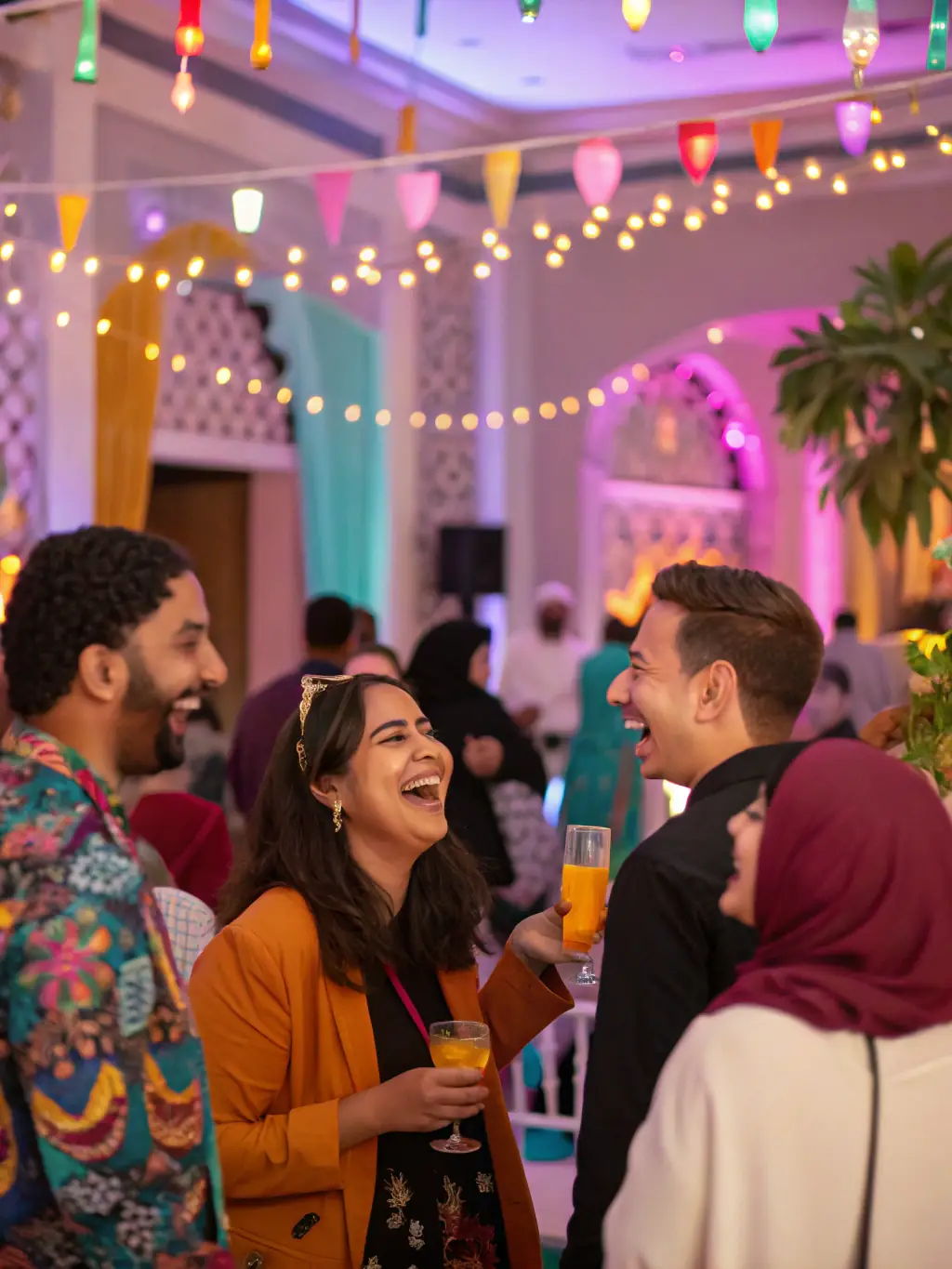 A dynamic image showcasing a themed social gathering at MAGNY SPORTS LOISIRS, with participants dressed up and enjoying music and dance.