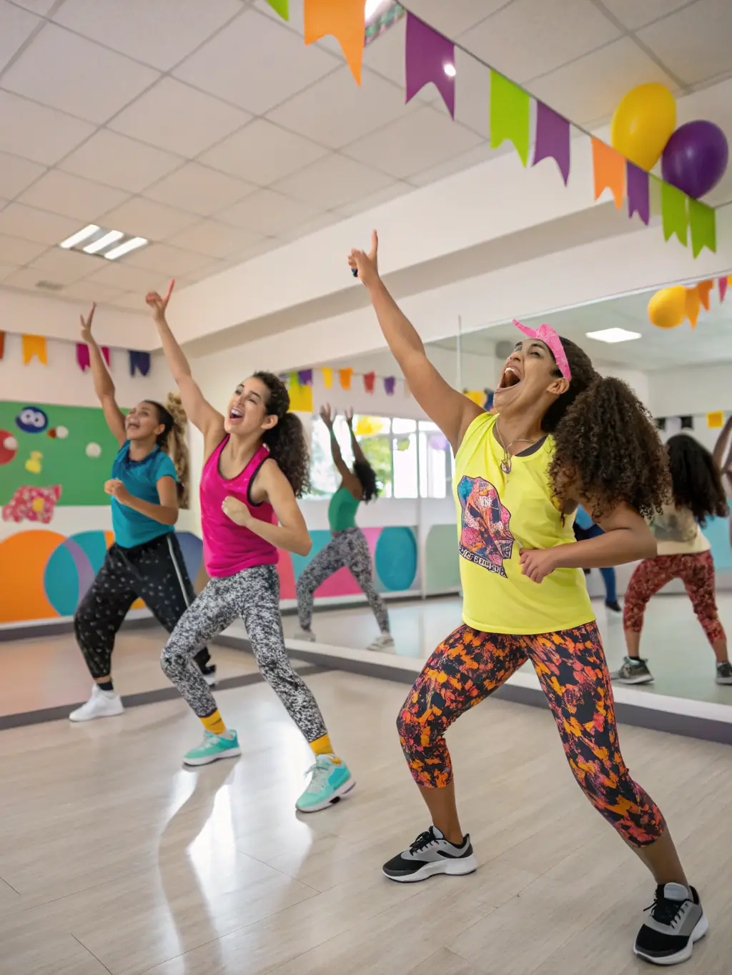 A dynamic photo capturing a children's Zumba class in action, with kids laughing and following the instructor's energetic moves.
