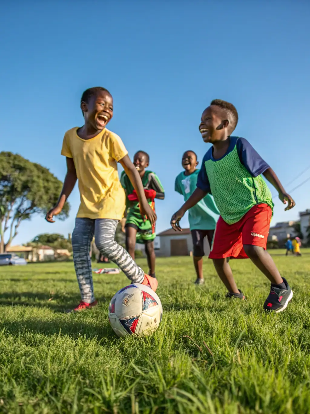 A vibrant photo of children laughing and playing during a sports class at MAGNY SPORTS LOISIRS, showcasing the fun and engaging atmosphere.