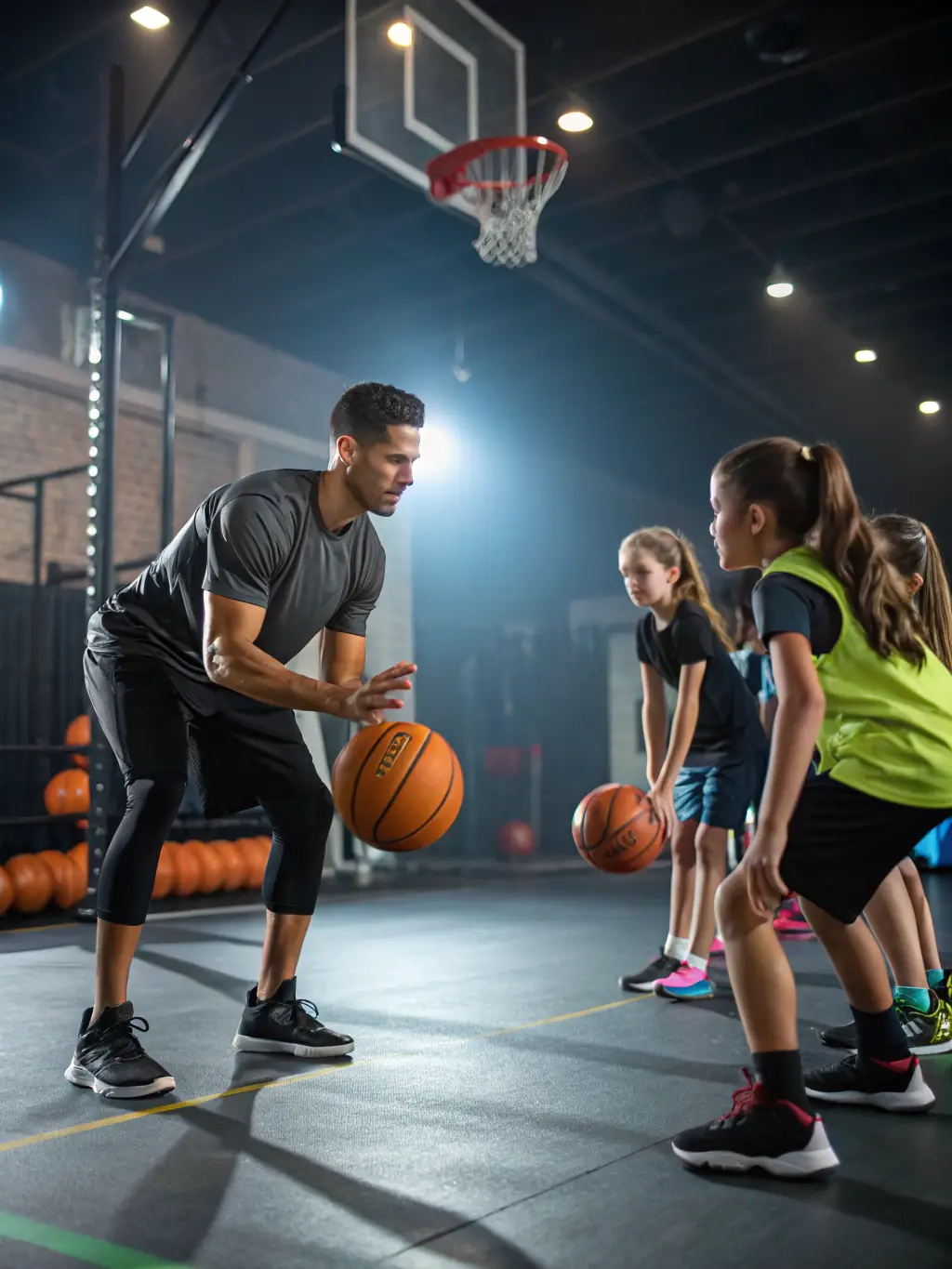 A vibrant shot of a basketball training session, showcasing adults practicing dribbling and shooting skills with guidance from a coach.