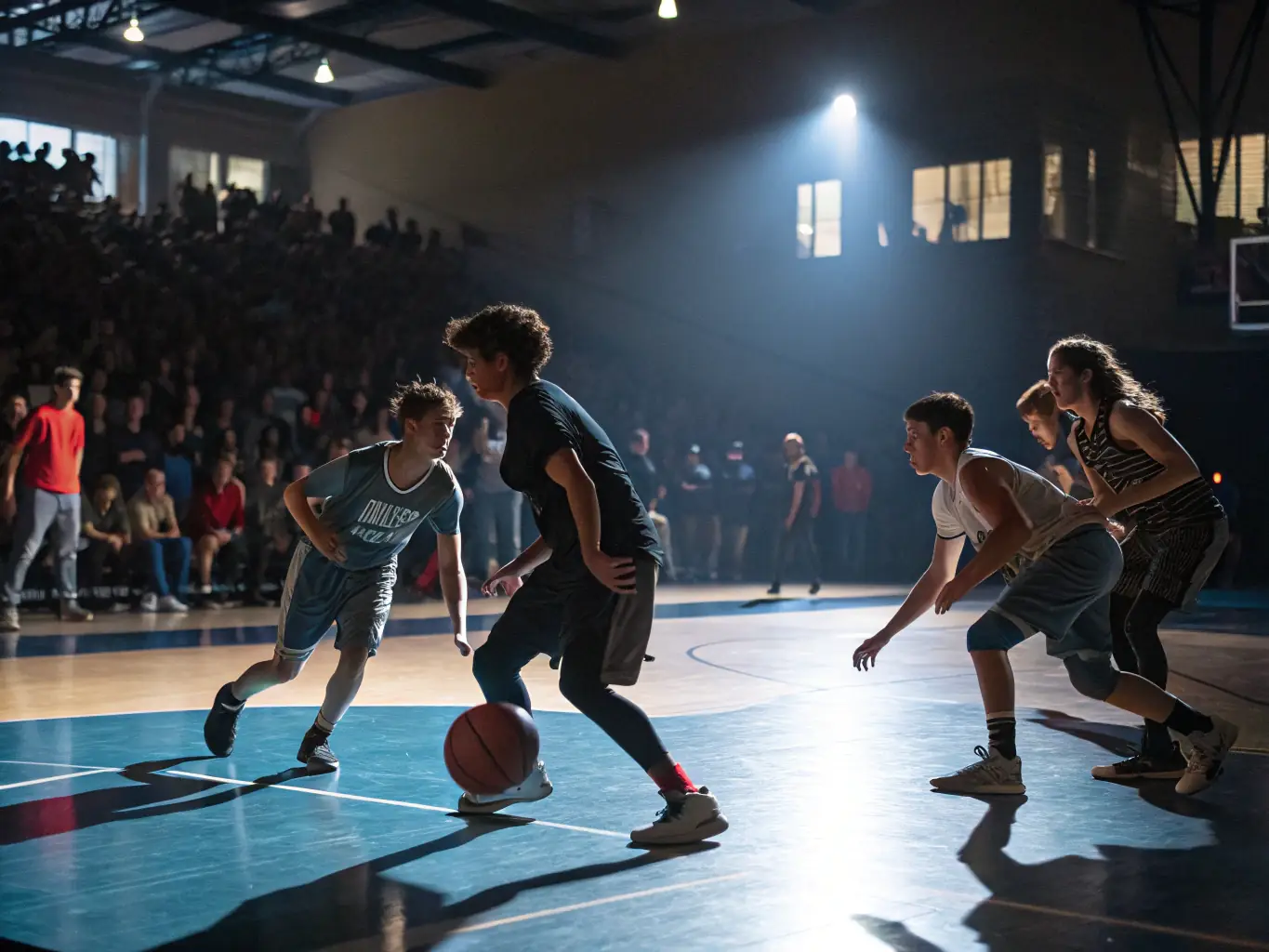 A dynamic image of adults playing basketball in a well-lit indoor court at MAGNY SPORTS LOISIRS, capturing the energy and teamwork of the sport.
